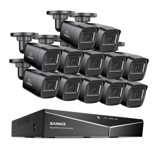 1080p 16CH Analog Überwachungskamera & DVR Set, 12 Stück Schwarz Außen Bullet Kamera, Intelligente Bewegungserkennung, 100ft Infrarot Nachtsicht, IP67 Wasserdicht