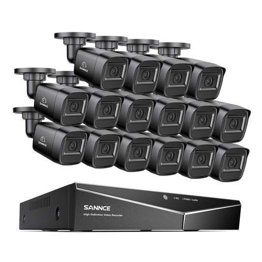 1080p 16CH Analog Überwachungskamera & DVR Set, 16 Stück Schwarz Außen Bullet Kamera, Intelligente Bewegungserkennung, 100ft Infrarot Nachtsicht, IP67 Wasserdicht