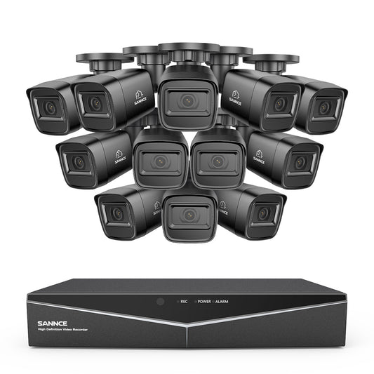 1080p 16CH Analog Überwachungskamera & DVR Set, 12 Stück Schwarz Außen Bullet Kamera, Intelligente Bewegungserkennung, 100ft Infrarot Nachtsicht, IP67 Wasserdicht