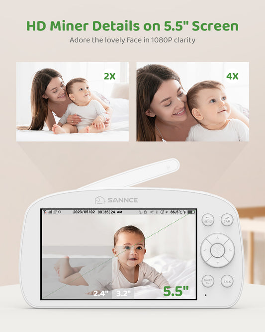 1080p Babyphone mit PTZ Kamera, 5,5 Zoll LCD-Display, 1920x1080p HD Baby Monitor, 5000 mAh-Akku mit Temperatur-, Stromausfallalarme, IR-Nachtsicht, Fütterungserinnerung, 1000ft Reichweite