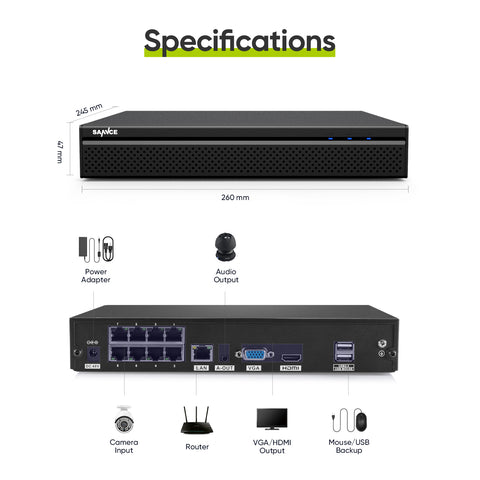4K 8-Kanal PoE NVR, bis zu 10 Kanal (8 x PoE Kameras + 2 x WLAN IP Kameras), Audio-Aufnahme,ONVIF Unterstützung 4K 8-Kanal PoE NVR, bis zu 10 Kanal (8 x PoE Kameras + 2 x WLAN IP Kameras), Audio-Aufnahme,ONVIF Unterstützung