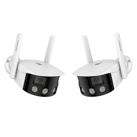 WLAN Außen Panorama Kamera, 2K 4MP Dual-Lens, Farbnachtsicht, 180° Weitwinkel, Intelligente Personen-/Fahrzeugerkennung, IP66 Wasserdicht, Zwei-Wege-Audio, Alexa/Google Unterstützung (2 Stück)