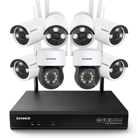 3MP 10CH WLAN PTZ & Bullet Überwachungskamera Set, 350°/90° PTZ Schwenkbar, Kabellose Repeater, 2-Wege-Audio, KI-Personenerkennung, Kompatibel mit Alexa (2xPTZ Kamera, 6xBullet Kamera und 8MP 10CH NVR)