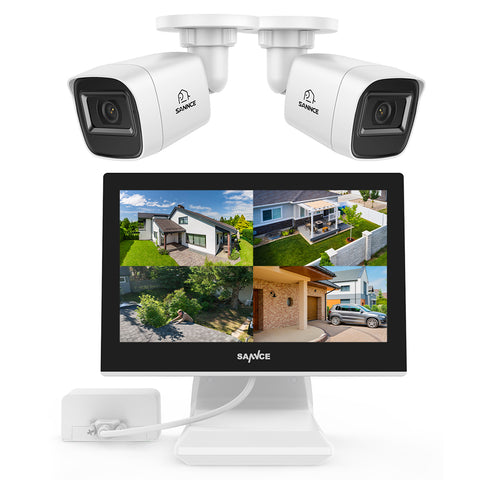 1080p 4CH Überwachungskamera Set, 2 Stück Bullet Kamera für Außen, 10.1’’ Farbiger LCD-Monitor, IP66 Wasserdicht, Weiß