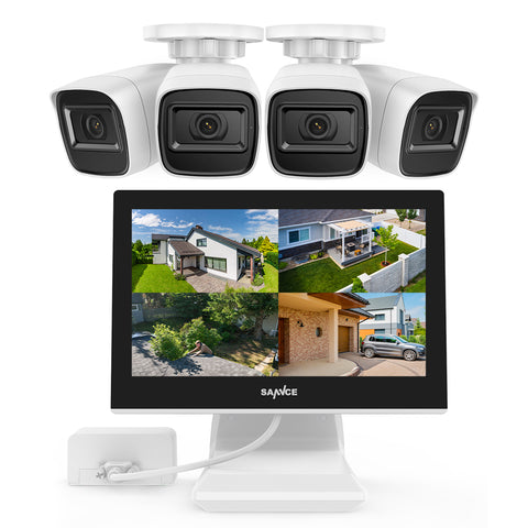 1080p 4CH Überwachungskamera Set, 4 Stück 2MP Bullet Kamera für Außen, 10.1’’ Farbiger LCD-Monitor, IP66 Wasserdicht, Weiß