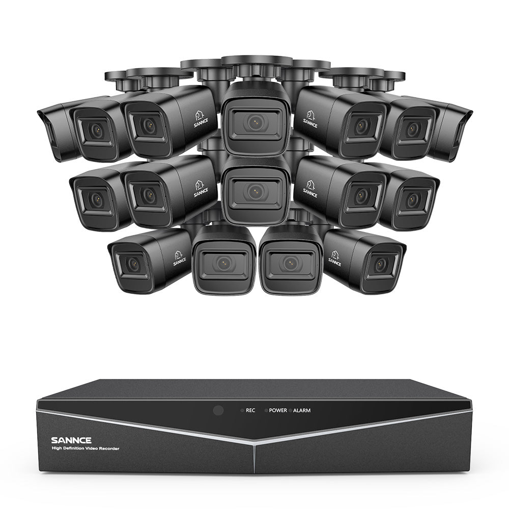 1080p 16CH Analog Überwachungskamera & DVR Set, 16 Stück Schwarz Außen Bullet Kamera, Intelligente Bewegungserkennung, 100ft Infrarot Nachtsicht, IP67 Wasserdicht