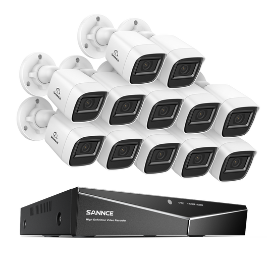 1080p 16CH Analog Überwachungskamera & DVR Set, 12 Stück Weiß Außen Bullet Kamera, Intelligente Bewegungserkennung, 100ft Infrarot Nachtsicht, IP67 Wasserdicht