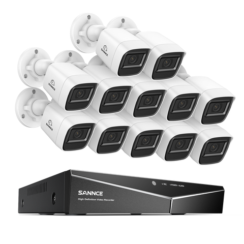 1080p 16CH Analog Überwachungskamera & DVR Set, 12 Stück Weiß Außen Bullet Kamera, Intelligente Bewegungserkennung, 100ft Infrarot Nachtsicht, IP67 Wasserdicht
