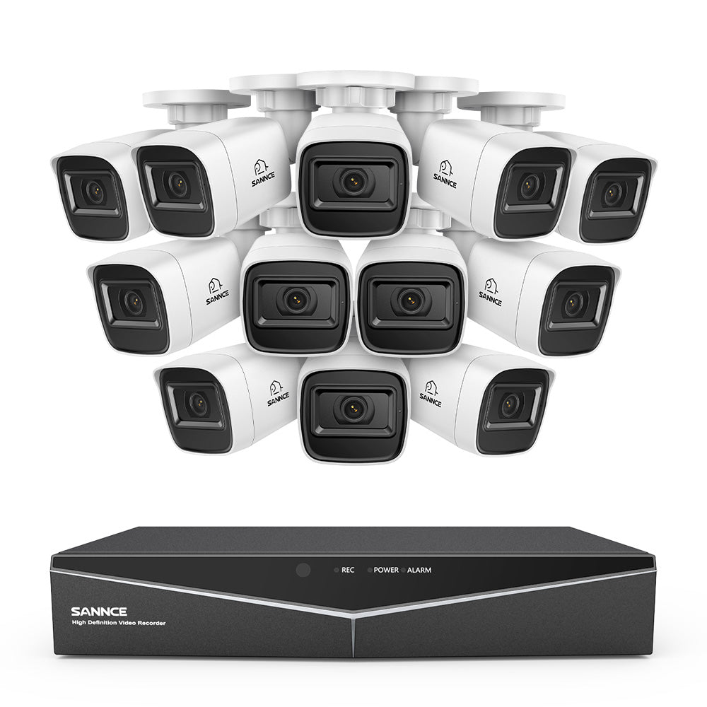1080p 16CH Analog Überwachungskamera & DVR Set, 12 Stück Weiß Außen Bullet Kamera, Intelligente Bewegungserkennung, 100ft Infrarot Nachtsicht, IP67 Wasserdicht