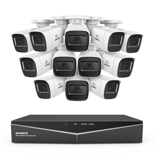 1080p 16CH Analog Überwachungskamera & DVR Set, 12 Stück Weiß Außen Bullet Kamera, Intelligente Bewegungserkennung, 100ft Infrarot Nachtsicht, IP67 Wasserdicht