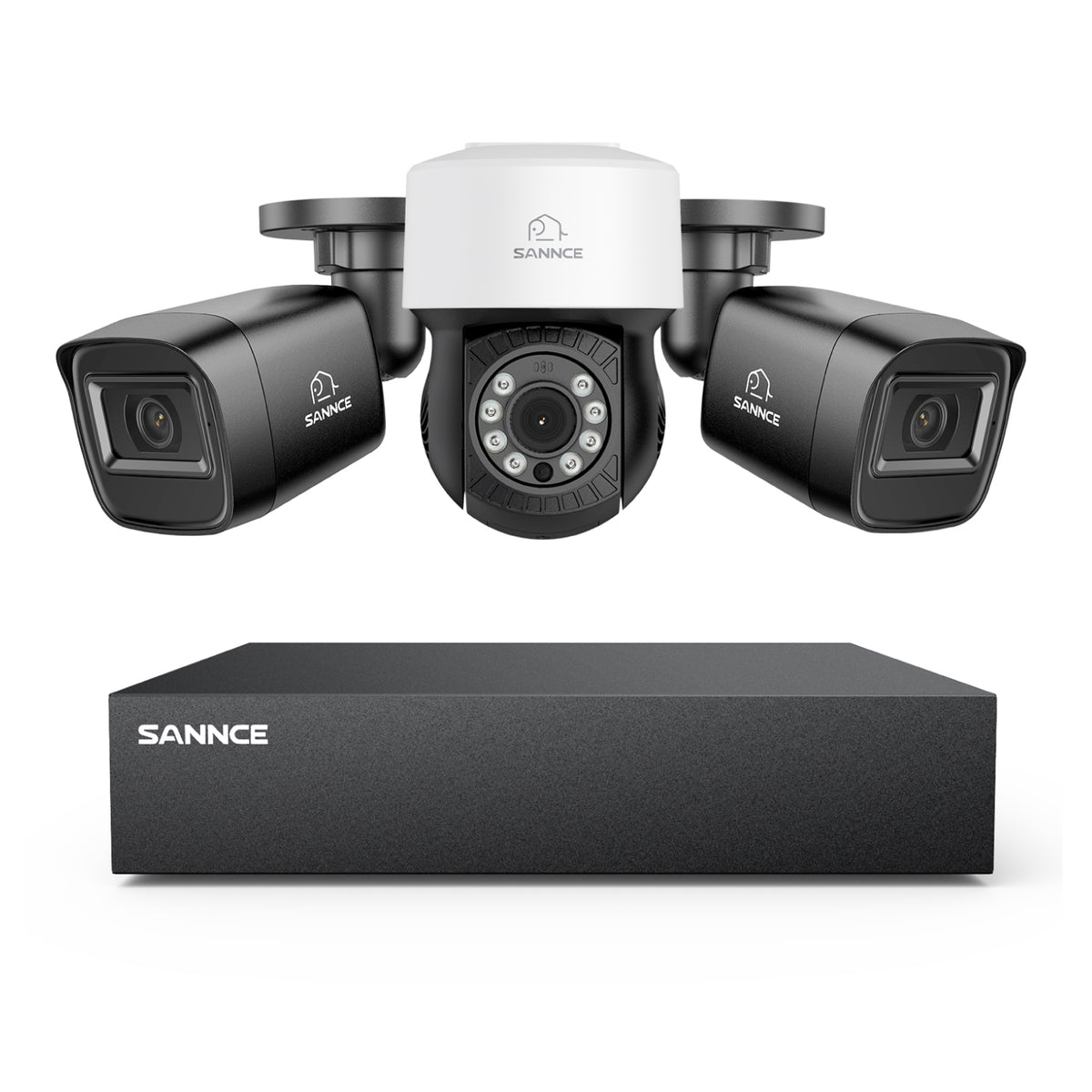1080p 8CH PT Überwachungskamera System, 2 Stück 2MP Bullet Kamera Schwarz & PT Kamera & Hybrid 5-in-1 DVR, 100ft Nachtsicht, Bewegungserkennung, IP66 Wasserdicht