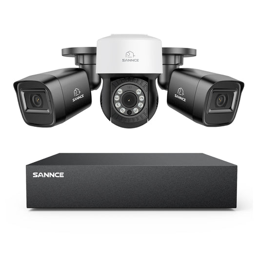 1080p 8CH PT Überwachungskamera System, 2 Stück 2MP Bullet Kamera Schwarz & PT Kamera & Hybrid 5-in-1 DVR, 100ft Nachtsicht, Bewegungserkennung, IP66 Wasserdicht