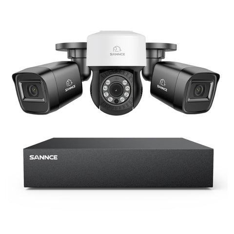 1080p 8CH PT Überwachungskamera System, 2 Stück 2MP Bullet Kamera Schwarz & PT Kamera & Hybrid 5-in-1 DVR, 100ft Nachtsicht, Bewegungserkennung, IP66 Wasserdicht