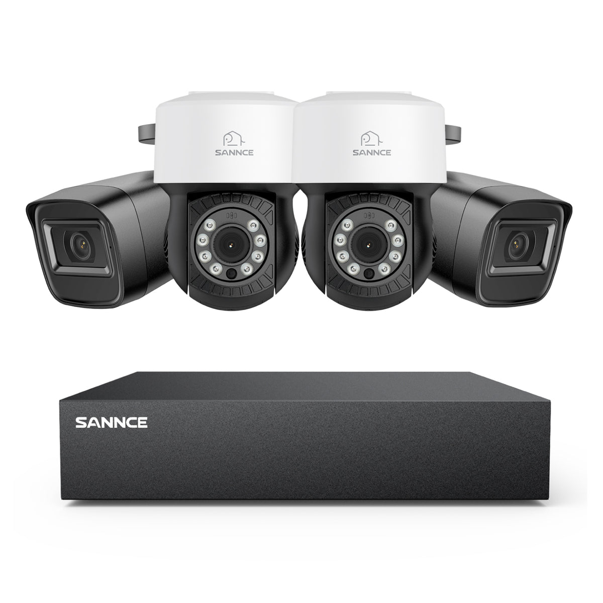 1080p 8CH PT Überwachungskamera System, 2 Stück 2MP Bullet Kamera Schwarz & 2XPT Kamera & Hybrid 5-in-1 DVR, 100ft Nachtsicht, Bewegungserkennung, IP66 Wasserdicht