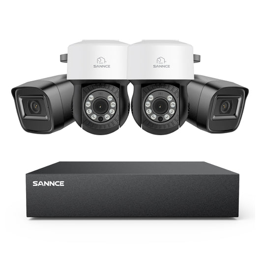 1080p 8CH PT Überwachungskamera System, 2 Stück 2MP Bullet Kamera Schwarz & 2XPT Kamera & Hybrid 5-in-1 DVR, 100ft Nachtsicht, Bewegungserkennung, IP66 Wasserdicht