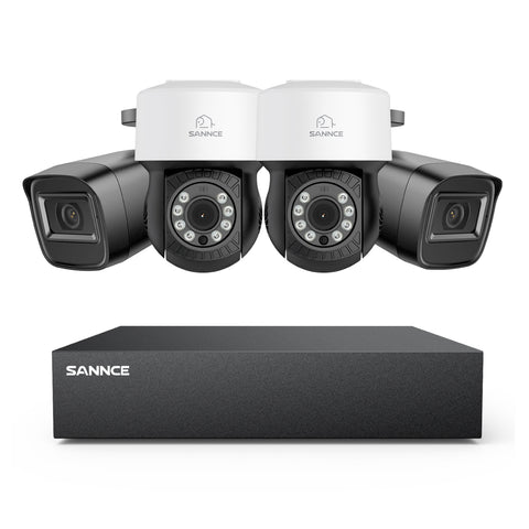 1080p 8CH PT Überwachungskamera System, 2 Stück 2MP Bullet Kamera Schwarz & 2XPT Kamera & Hybrid 5-in-1 DVR, 100ft Nachtsicht, Bewegungserkennung, IP66 Wasserdicht