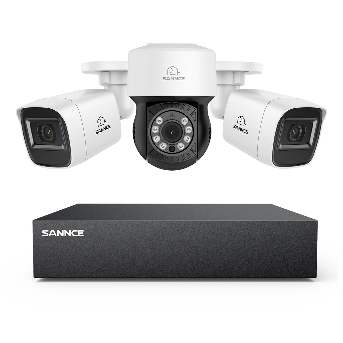1080p 8CH PT Überwachungskamera System, 2 Stück 2MP Bullet Kamera Weiß & PT Kamera & Hybrid 5-in-1 DVR, 100ft Nachtsicht, Bewegungserkennung, IP66 Wasserdicht