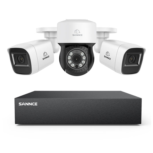 1080p 8CH PT Überwachungskamera System, 2 Stück 2MP Bullet Kamera Weiß & PT Kamera & Hybrid 5-in-1 DVR, 100ft Nachtsicht, Bewegungserkennung, IP66 Wasserdicht