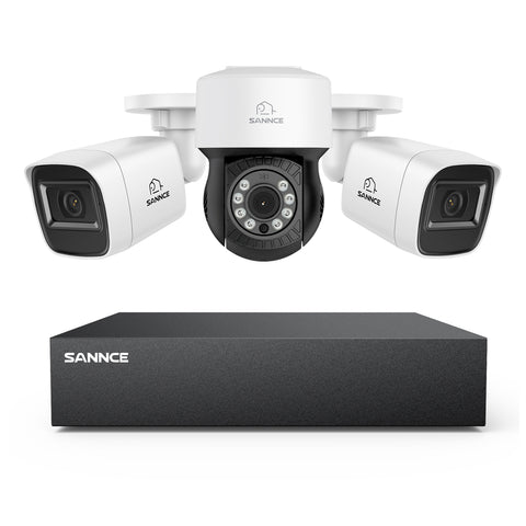 1080p 8CH PT Überwachungskamera System, 2 Stück 2MP Bullet Kamera Weiß & PT Kamera & Hybrid 5-in-1 DVR, 100ft Nachtsicht, Bewegungserkennung, IP66 Wasserdicht