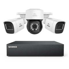5MP 8CH PT Überwachungskamera System, 2 Stück 2MP Bullet Kamera Weiß & PT Kamera & Hybrid 5-in-1 DVR, 100ft Nachtsicht, Bewegungserkennung, IP66 Wasserdicht