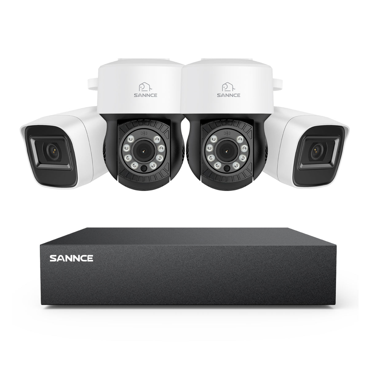 1080p 8CH PT Überwachungskamera System, 2 Stück 2MP Bullet Kamera Weiß & 2xPT Kamera & Hybrid 5-in-1 DVR, 100ft Nachtsicht, Bewegungserkennung, IP66 Wasserdicht