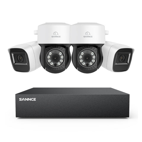 1080p 8CH PT Überwachungskamera System, 2 Stück 2MP Bullet Kamera Weiß & 2xPT Kamera & Hybrid 5-in-1 DVR, 100ft Nachtsicht, Bewegungserkennung, IP66 Wasserdicht