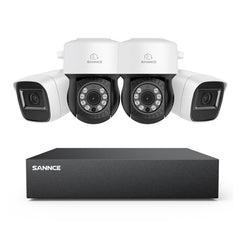 5MP 8CH PT Überwachungskamera System, 2 Stück 2MP Bullet Kamera Weiß & 2xPT Kamera & Hybrid 5-in-1 DVR, 100ft Nachtsicht, Bewegungserkennung, IP66 Wasserdicht