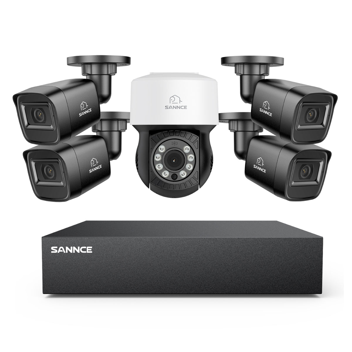 1080p 8CH PT Überwachungskamera System, 4 Stück 2MP Bullet Kamera Schwarz & PT Kamera & Hybrid 5-in-1 DVR, 100ft Nachtsicht, Bewegungserkennung, IP66 Wasserdicht