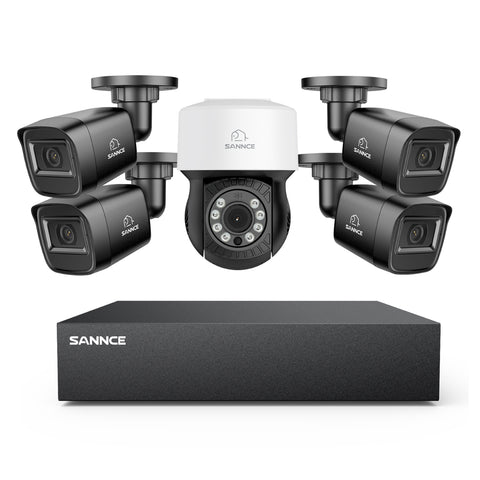 1080p 8CH PT Überwachungskamera System, 4 Stück 2MP Bullet Kamera Schwarz & PT Kamera & Hybrid 5-in-1 DVR, 100ft Nachtsicht, Bewegungserkennung, IP66 Wasserdicht