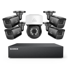 5MP 8CH PT Überwachungskamera System, 4 Stück 2MP Bullet Kamera Schwarz & PT Kamera & Hybrid 5-in-1 DVR, 100ft Nachtsicht, Bewegungserkennung, IP66 Wasserdicht