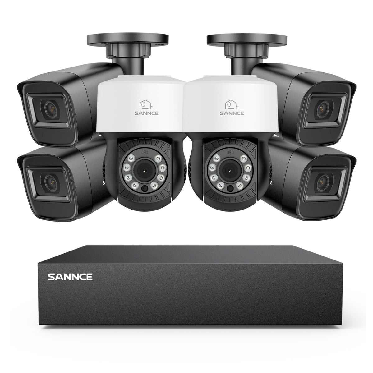 1080p 8CH PT Überwachungskamera System, 4 Stück 2MP Bullet Kamera Schwarz & 2XPT Kamera & Hybrid 5-in-1 DVR, 100ft Nachtsicht, Bewegungserkennung, IP66 Wasserdicht