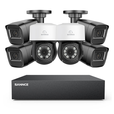 1080p 8CH PT Überwachungskamera System, 4 Stück 2MP Bullet Kamera Schwarz & 2XPT Kamera & Hybrid 5-in-1 DVR, 100ft Nachtsicht, Bewegungserkennung, IP66 Wasserdicht