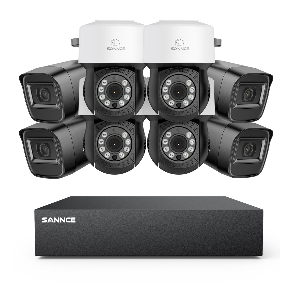 1080p 8CH PT Überwachungskamera System, 4 Stück 2MP Bullet Kamera Schwarz & 4XPT Kamera & Hybrid 5-in-1 DVR, 100ft Nachtsicht, Bewegungserkennung, IP66 Wasserdicht