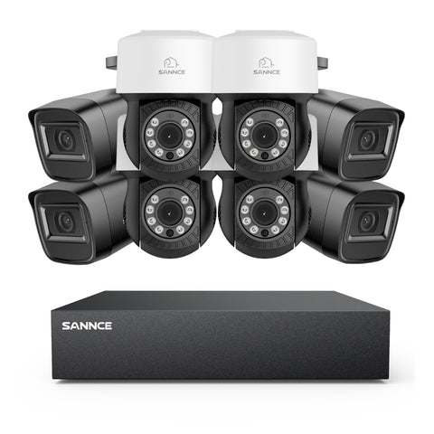 1080p 8CH PT Überwachungskamera System, 4 Stück 2MP Bullet Kamera Schwarz & 4XPT Kamera & Hybrid 5-in-1 DVR, 100ft Nachtsicht, Bewegungserkennung, IP66 Wasserdicht