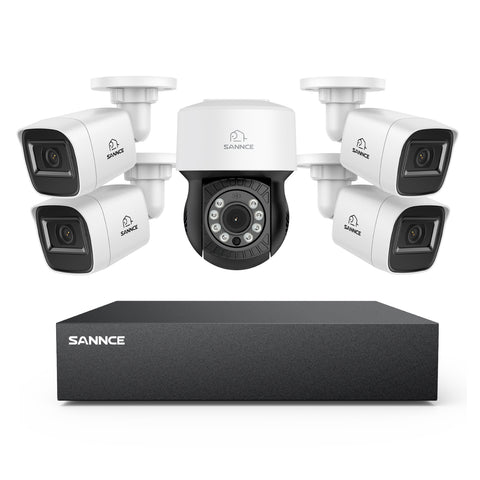 1080p 8CH PT Überwachungskamera System, 4 Stück 2MP Bullet Kamera Weiß & PT Kamera & Hybrid 5-in-1 DVR, 100ft Nachtsicht, Bewegungserkennung, IP66 Wasserdicht