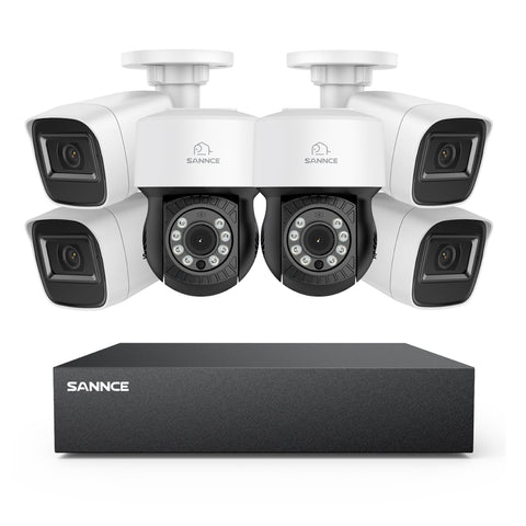 1080p 8CH PT Überwachungskamera System, 4 Stück 2MP Bullet Kamera Weiß & 2xPT Kamera & Hybrid 5-in-1 DVR, 100ft Nachtsicht, Bewegungserkennung, IP66 Wasserdicht