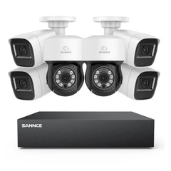 5MP 8CH PT Überwachungskamera System, 4 Stück 2MP Bullet Kamera Weiß & 2xPT Kamera & Hybrid 5-in-1 DVR, 100ft Nachtsicht, Bewegungserkennung, IP66 Wasserdicht