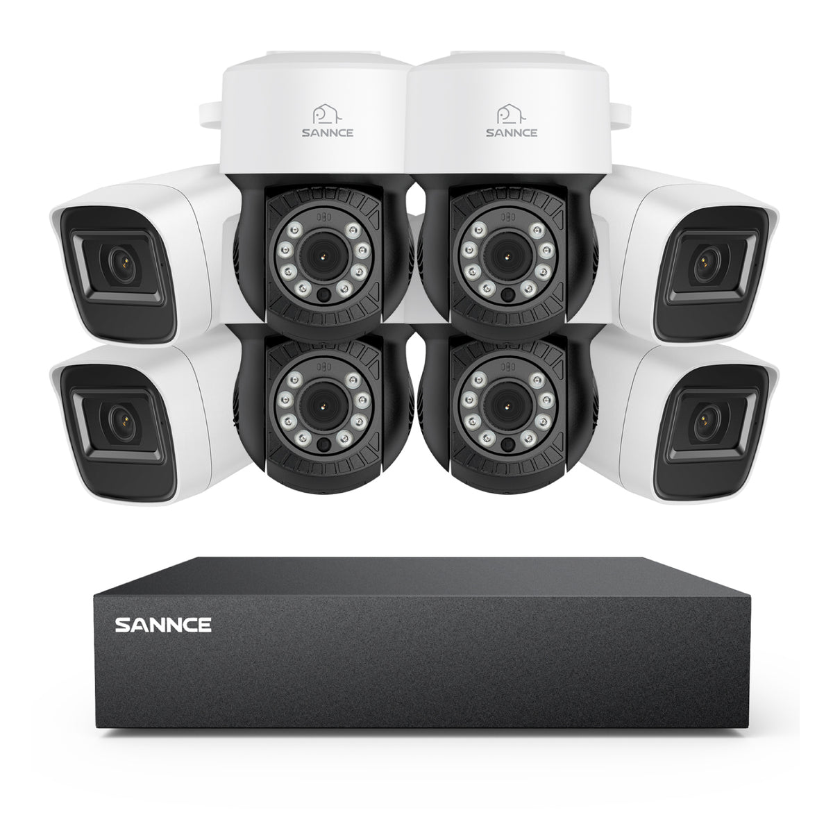 1080p 8CH PT Überwachungskamera System, 4 Stück 2MP Bullet Kamera Weiß & 4XPT Kamera & Hybrid 5-in-1 DVR, 100ft Nachtsicht, Bewegungserkennung, IP66 Wasserdicht