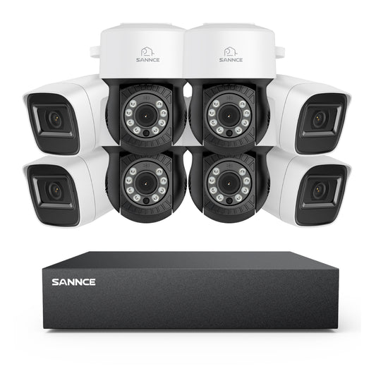 1080p 8CH PT Überwachungskamera System, 4 Stück 2MP Bullet Kamera Weiß & 4XPT Kamera & Hybrid 5-in-1 DVR, 100ft Nachtsicht, Bewegungserkennung, IP66 Wasserdicht