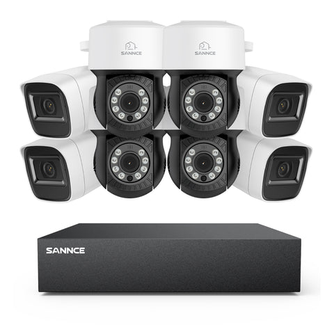 1080p 8CH PT Überwachungskamera System, 4 Stück 2MP Bullet Kamera Weiß & 4XPT Kamera & Hybrid 5-in-1 DVR, 100ft Nachtsicht, Bewegungserkennung, IP66 Wasserdicht