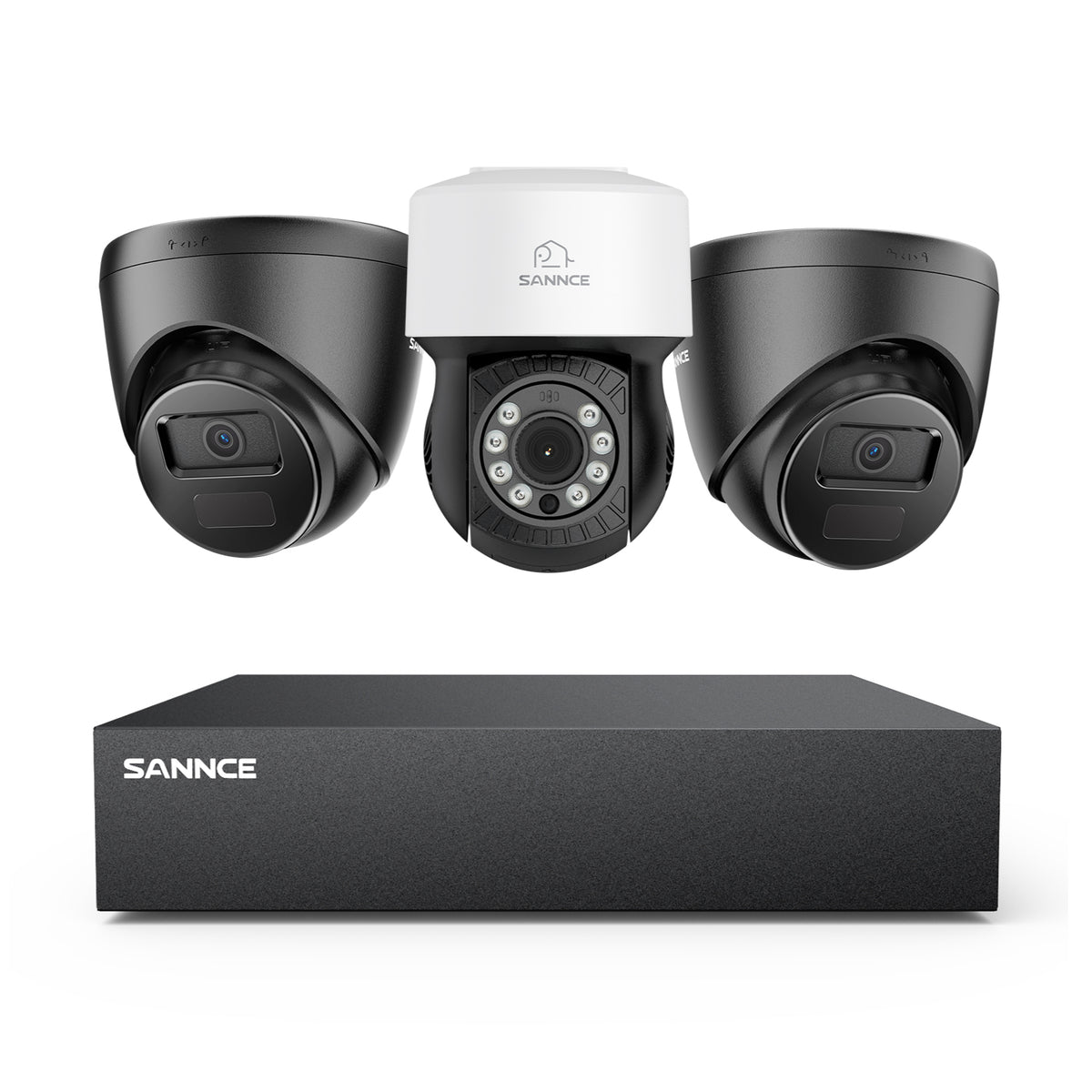 1080p 8CH PT Überwachungskamera System, 2 Stück 2MP Turret Kamera Schwarz & PT Kamera & Hybrid 5-in-1 DVR, 100ft Nachtsicht, Bewegungserkennung, IP66 Wasserdicht