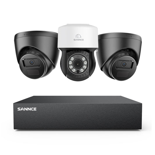 1080p 8CH PT Überwachungskamera System, 2 Stück 2MP Turret Kamera Schwarz & PT Kamera & Hybrid 5-in-1 DVR, 100ft Nachtsicht, Bewegungserkennung, IP66 Wasserdicht