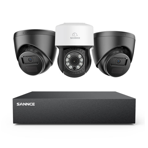 1080p 8CH PT Überwachungskamera System, 2 Stück 2MP Turret Kamera Schwarz & PT Kamera & Hybrid 5-in-1 DVR, 100ft Nachtsicht, Bewegungserkennung, IP66 Wasserdicht