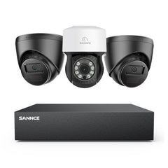 1080p 8CH PT Überwachungskamera System, 2 Stück 2MP Turret Kamera Schwarz & PT Kamera & Hybrid 5-in-1 DVR, 100ft Nachtsicht, Bewegungserkennung, IP66 Wasserdicht
