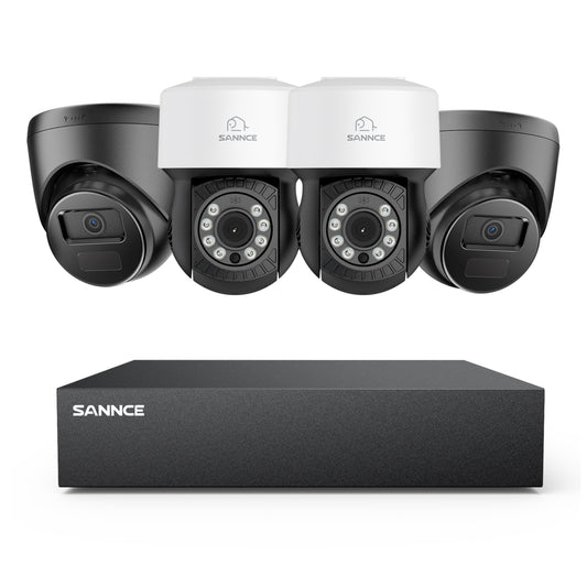 1080p 8CH PT Überwachungskamera System, 2 Stück 2MP Turret Kamera Schwarz & 2xPT Kamera & Hybrid 5-in-1 DVR, 100ft Nachtsicht, Bewegungserkennung, IP66 Wasserdicht