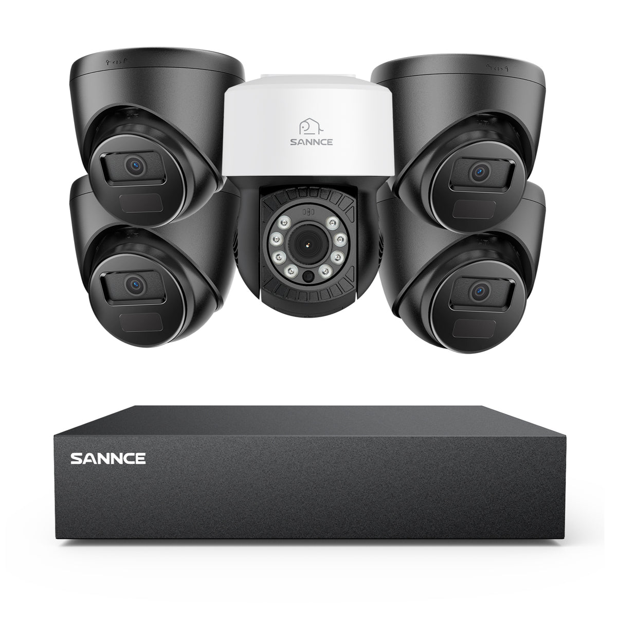1080p 8CH PT Überwachungskamera System, 4 Stück 2MP Turret Kamera Schwarz & PT Kamera & Hybrid 5-in-1 DVR, 100ft Nachtsicht, Bewegungserkennung, IP66 Wasserdicht