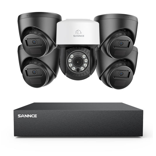 1080p 8CH PT Überwachungskamera System, 4 Stück 2MP Turret Kamera Schwarz & PT Kamera & Hybrid 5-in-1 DVR, 100ft Nachtsicht, Bewegungserkennung, IP66 Wasserdicht
