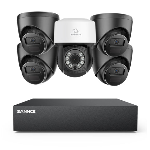 1080p 8CH PT Überwachungskamera System, 4 Stück 2MP Turret Kamera Schwarz & PT Kamera & Hybrid 5-in-1 DVR, 100ft Nachtsicht, Bewegungserkennung, IP66 Wasserdicht