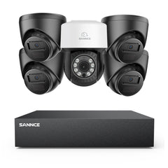 1080p 8CH PT Überwachungskamera System, 4 Stück 2MP Turret Kamera Schwarz & PT Kamera & Hybrid 5-in-1 DVR, 100ft Nachtsicht, Bewegungserkennung, IP66 Wasserdicht