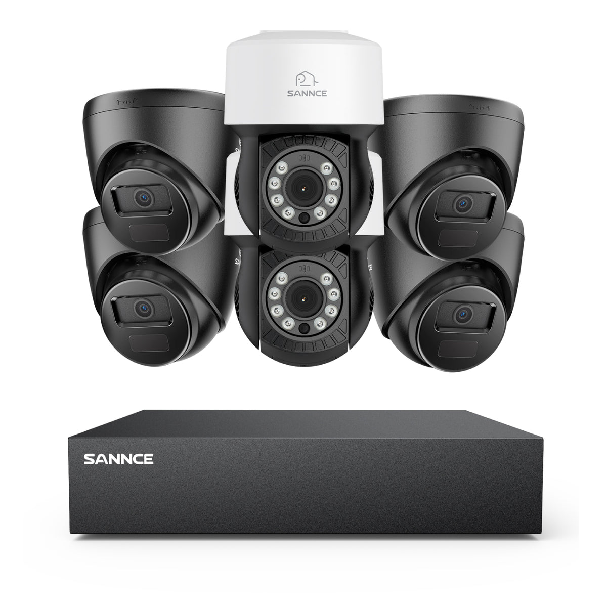 1080p 8CH PT Überwachungskamera System, 4 Stück 2MP Turret Kamera Schwarz & 2xPT Kamera & Hybrid 5-in-1 DVR, 100ft Nachtsicht, Bewegungserkennung, IP66 Wasserdicht